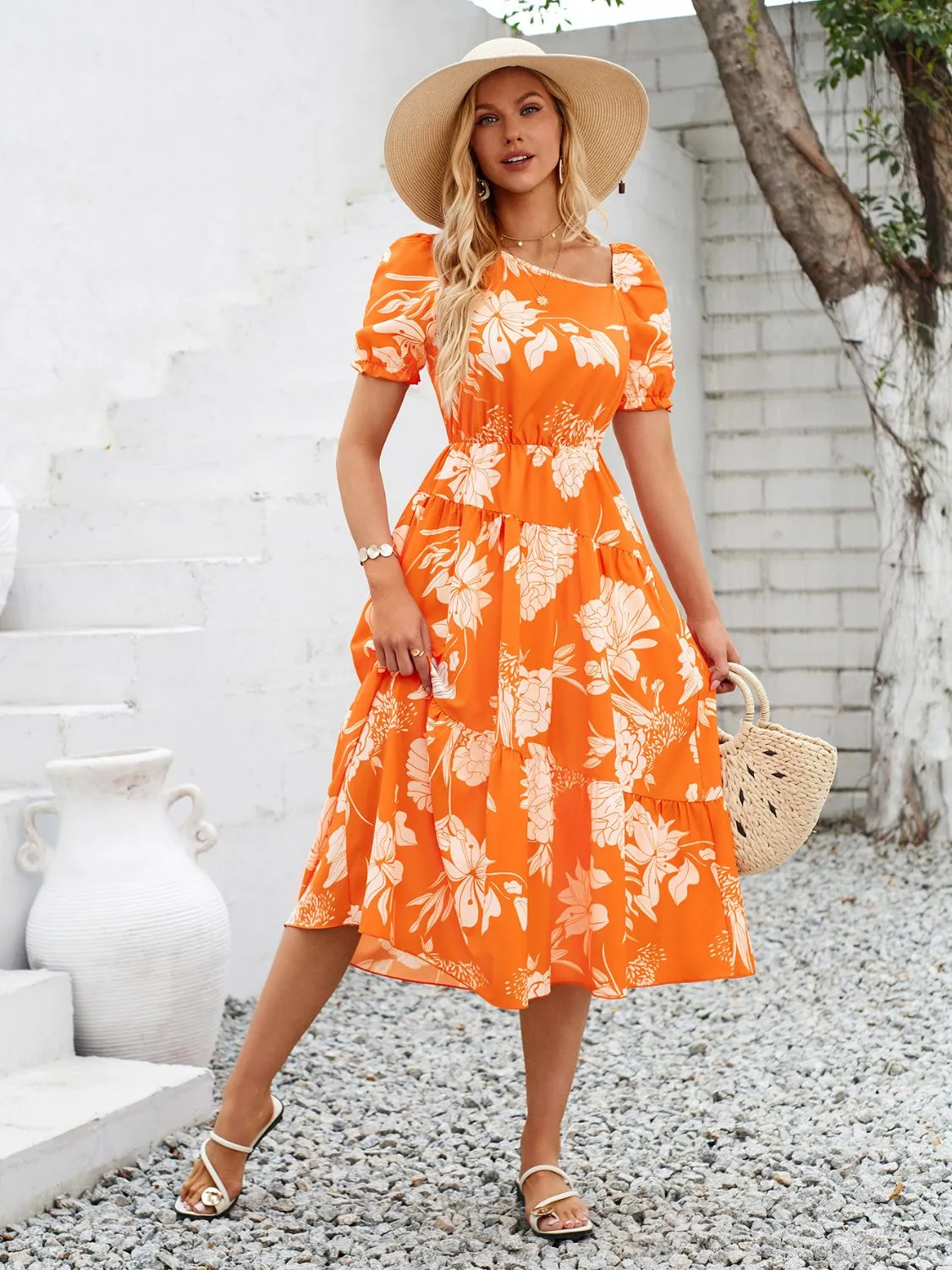 Sunset Vacation Printed Asymmetric Neck Short Sleeve Midi Dress