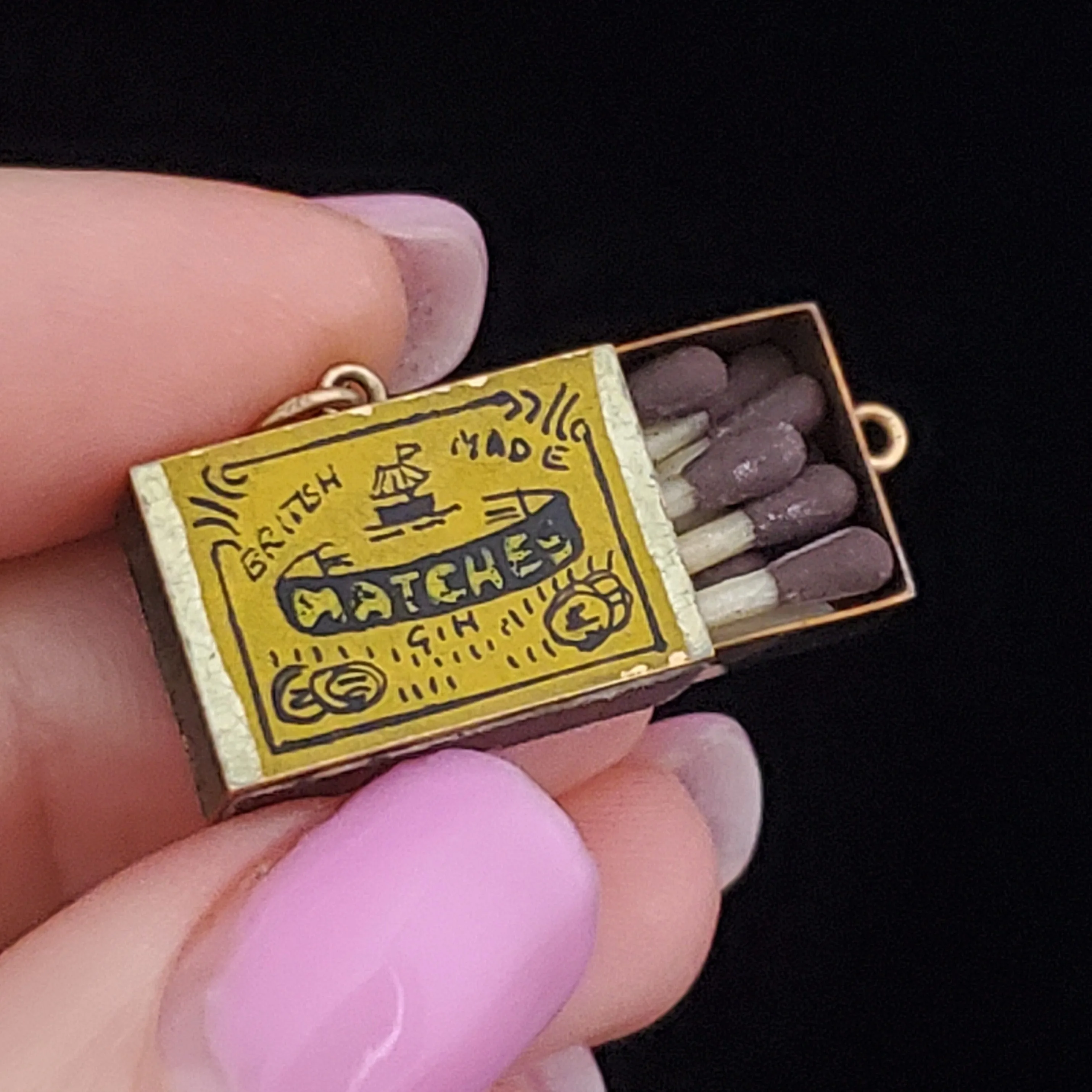 The Antwerp - Vintage Articulated Miniature Matchbox with Matches Charm Enamel 14k Gold British