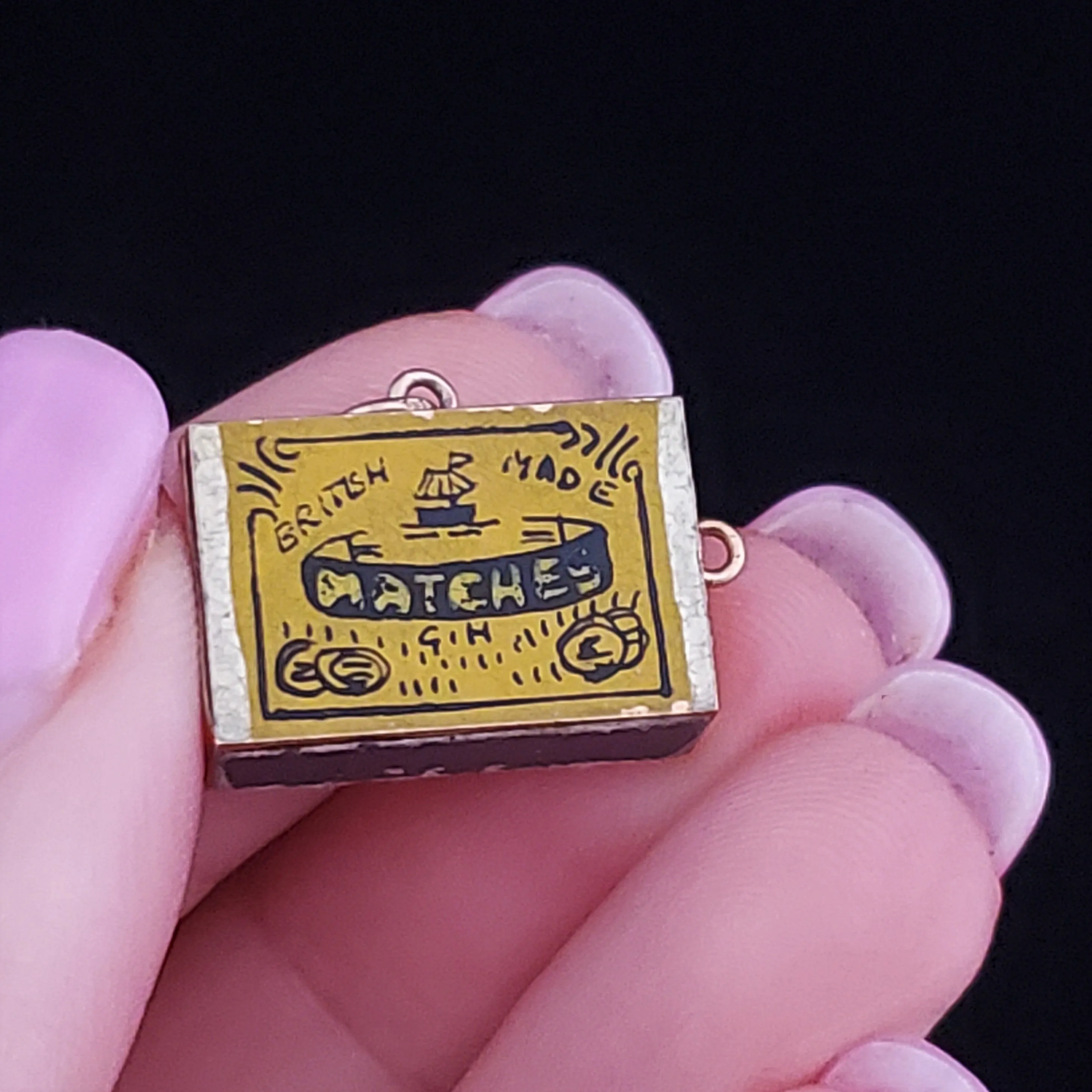 The Antwerp - Vintage Articulated Miniature Matchbox with Matches Charm Enamel 14k Gold British