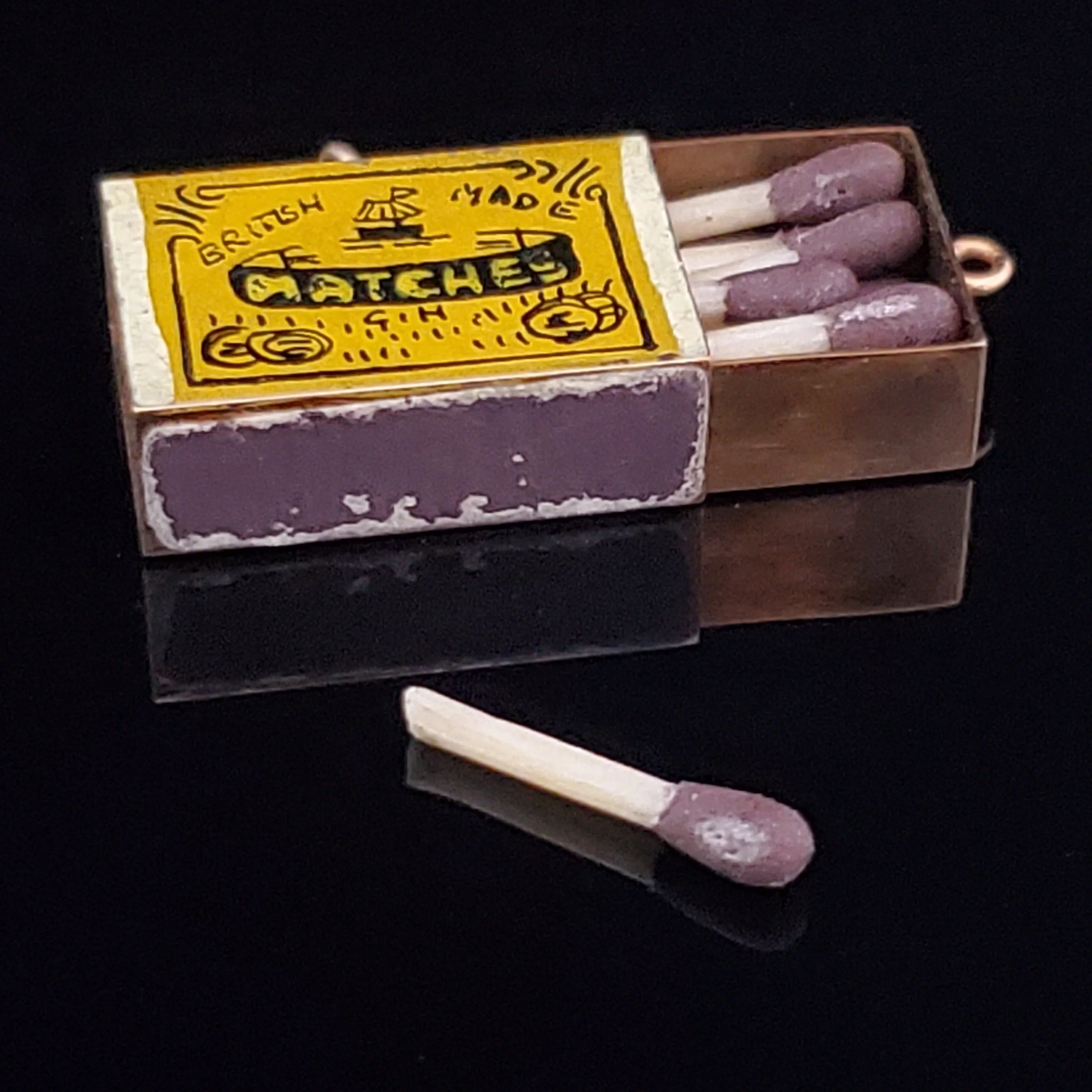 The Antwerp - Vintage Articulated Miniature Matchbox with Matches Charm Enamel 14k Gold British