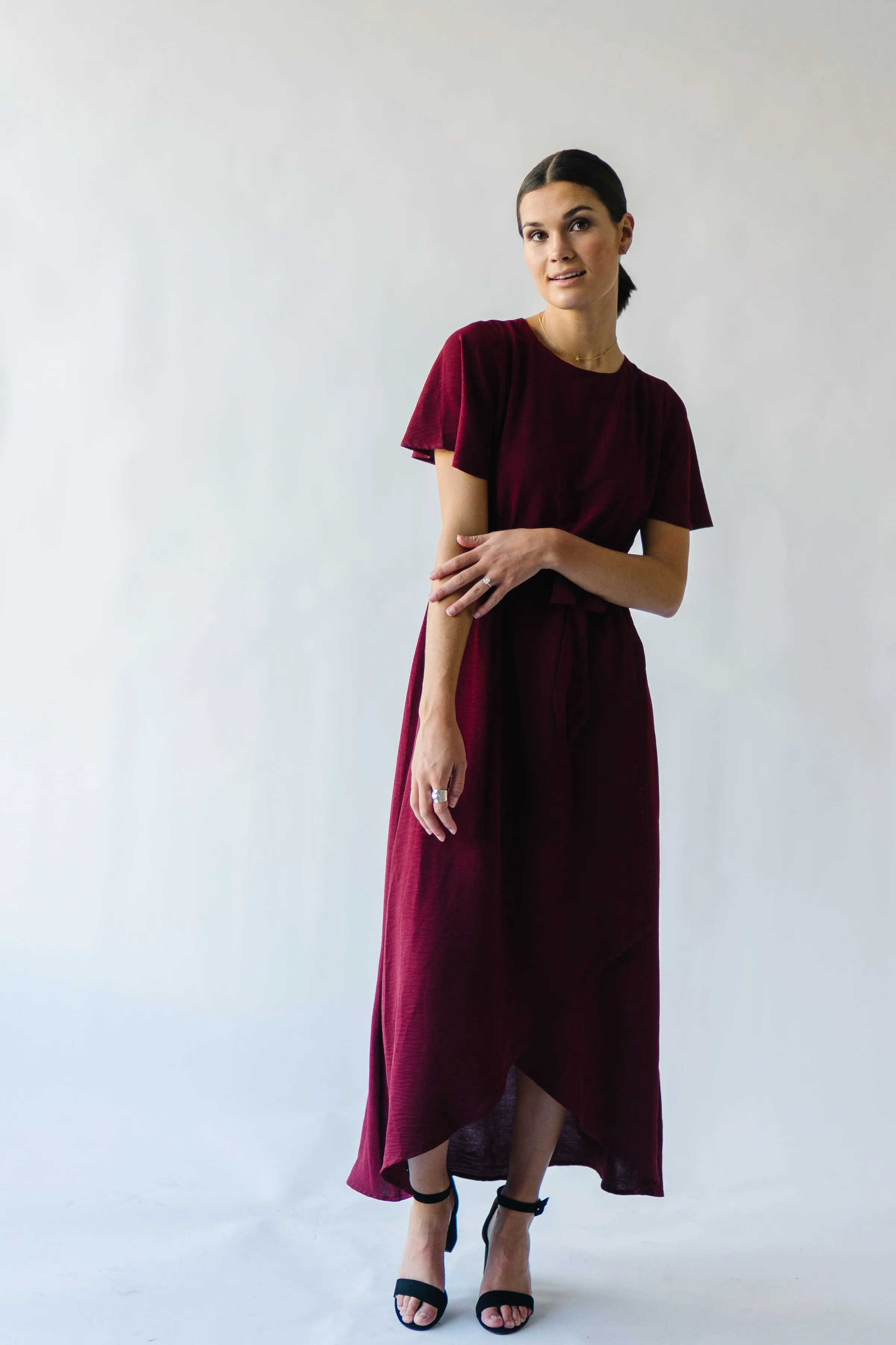 The Dell Woven Wrap Dress in Burgundy