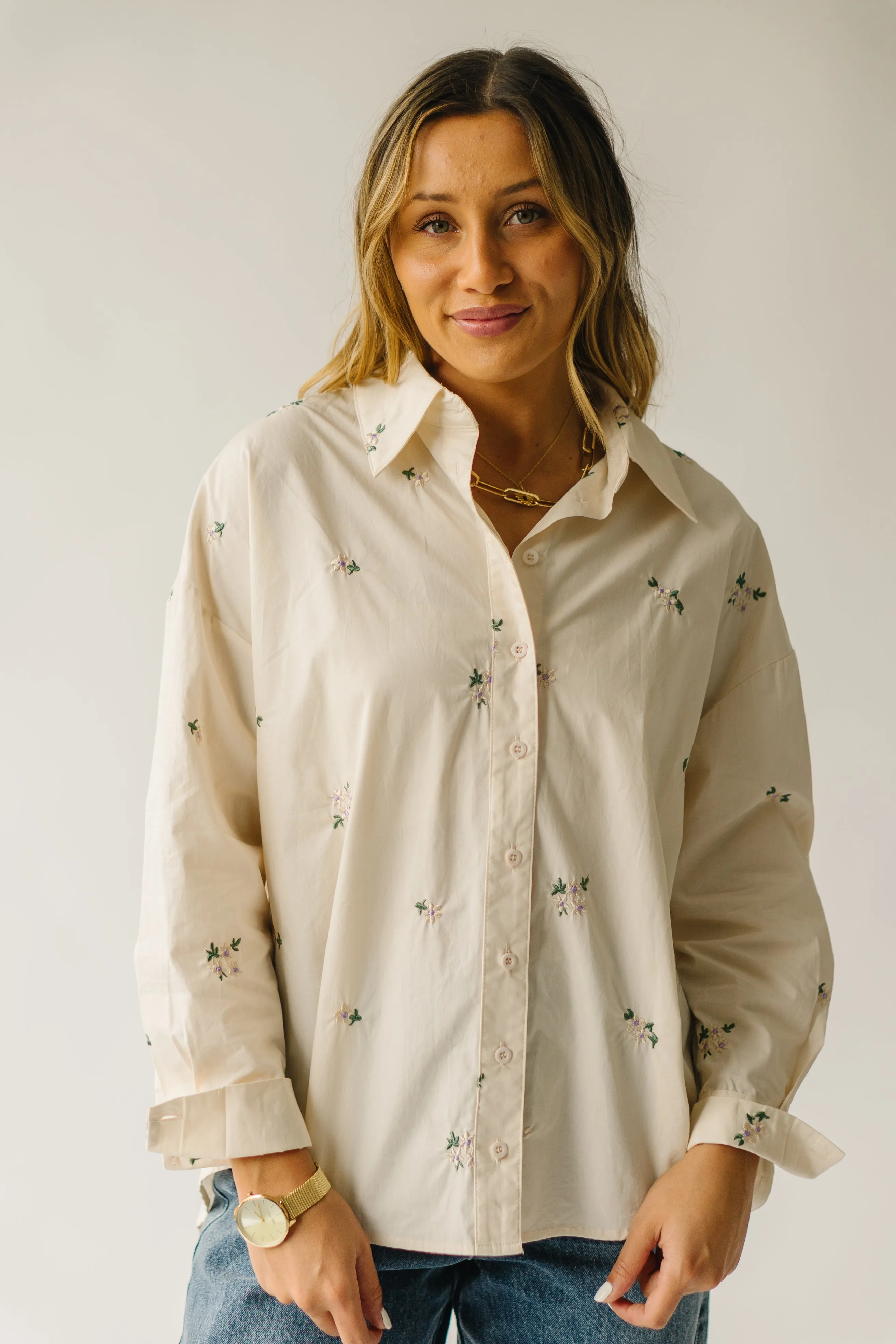 The Holloman Embroidered Poplin Blouse in Cream