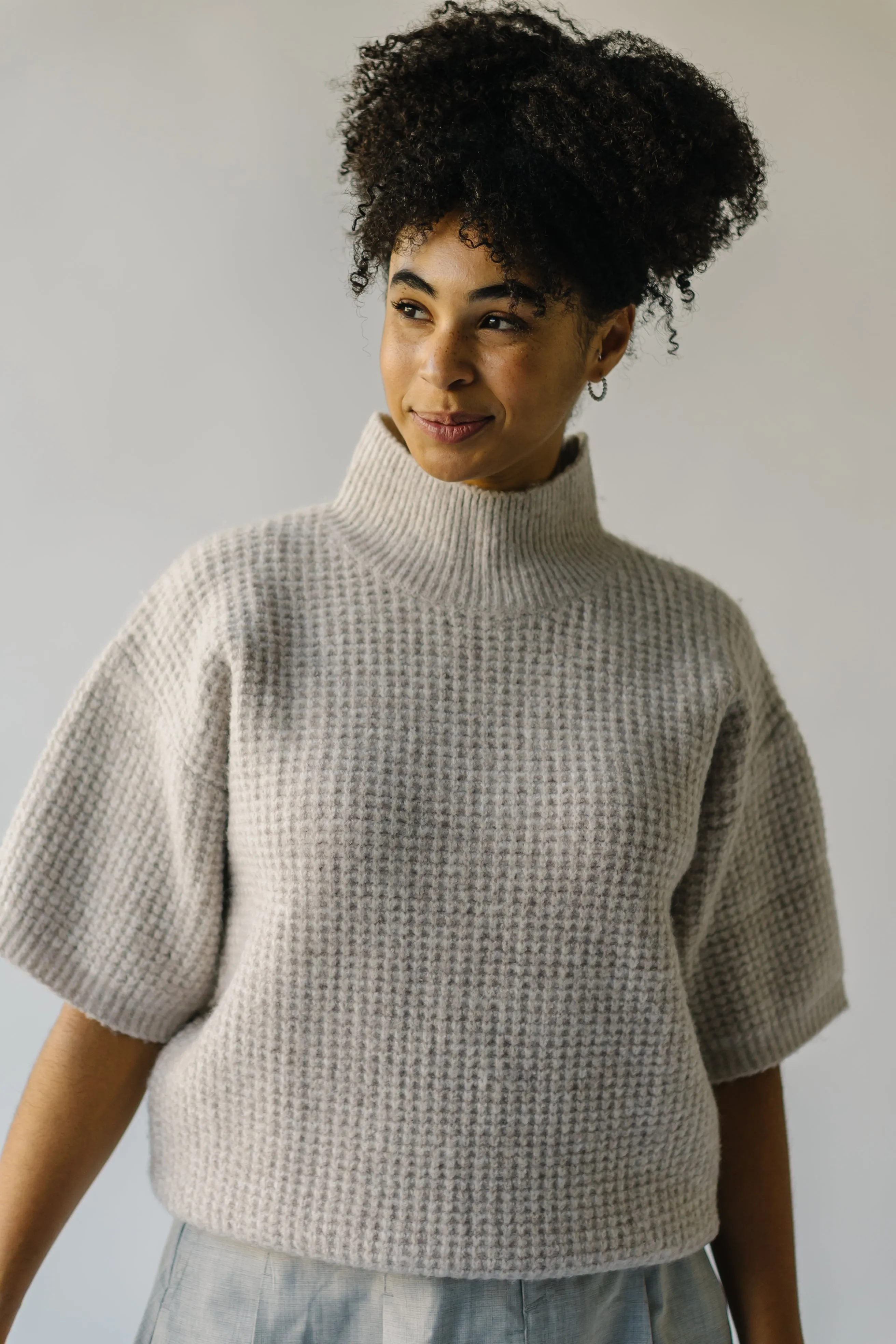 The Swiney Waffle Knit Mock Neck Blouse in Sand