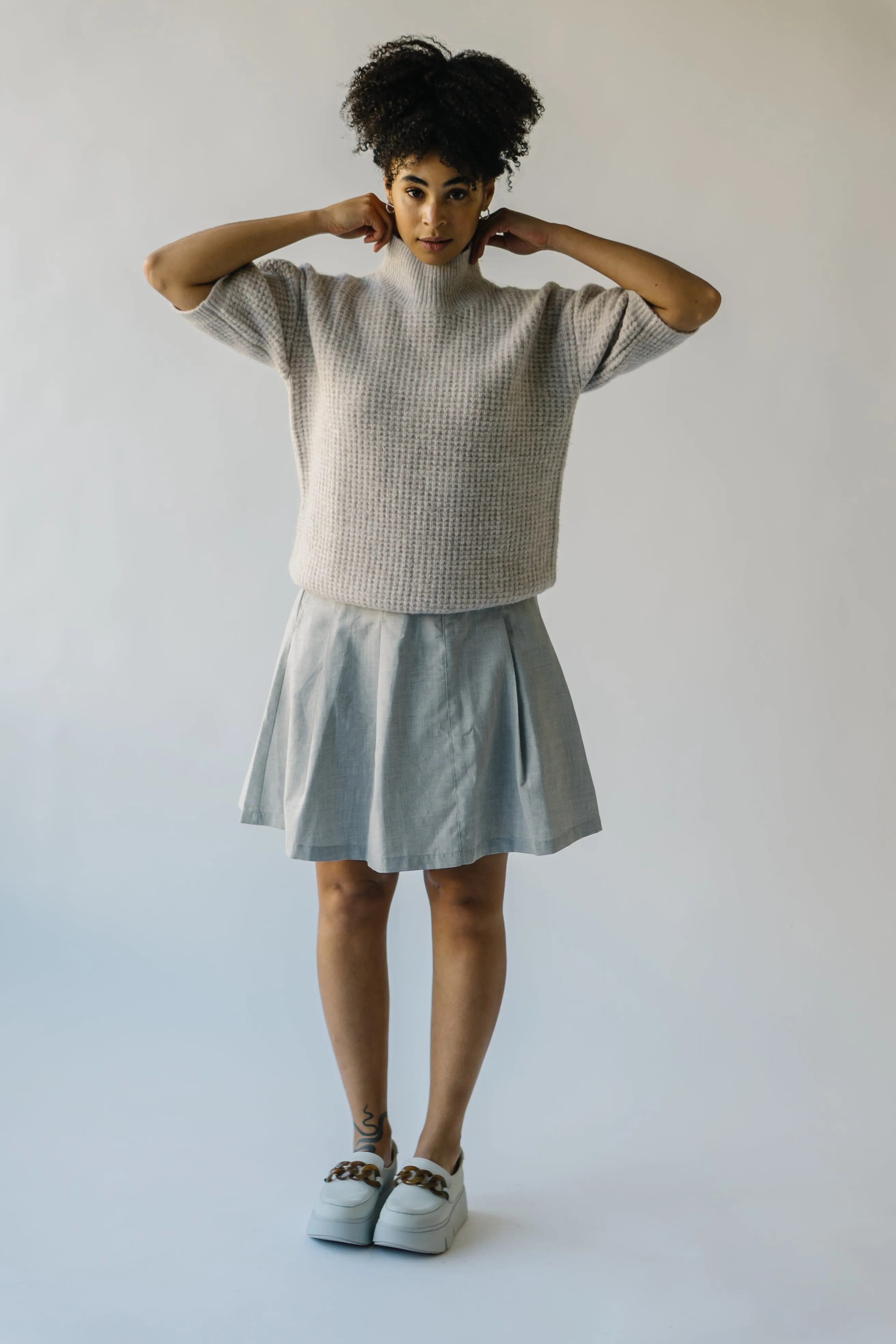 The Swiney Waffle Knit Mock Neck Blouse in Sand