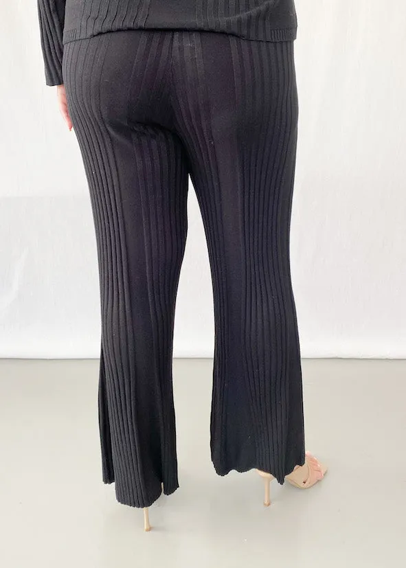 Tina Rib Knit Flare Pants - Black