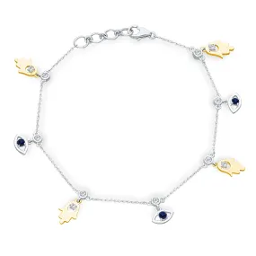 Two Tone Gold Sapphire & White Diamond Evil Eye Bracelet