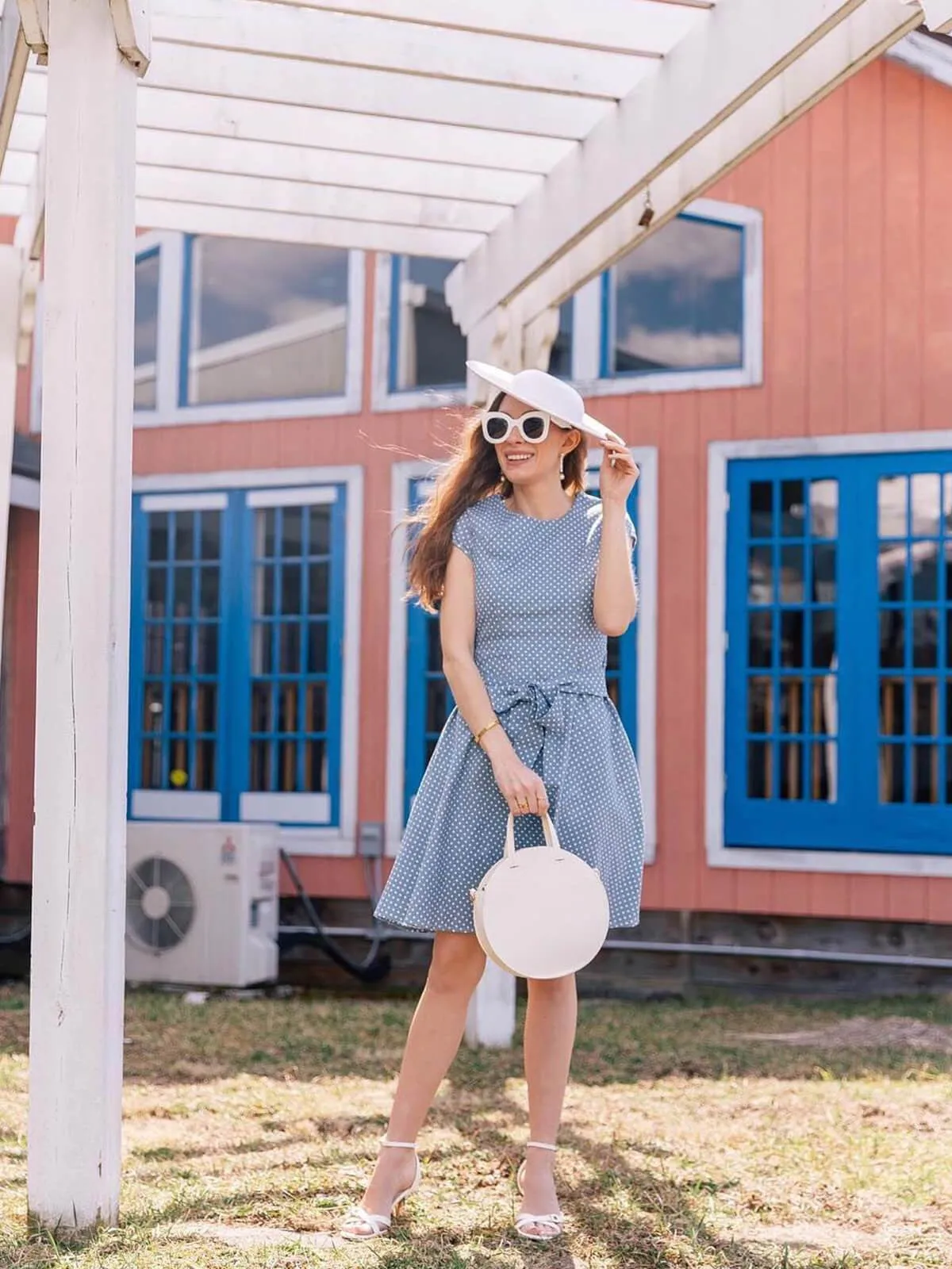 US Only Blue 1950s Polka Dot Swing Dress