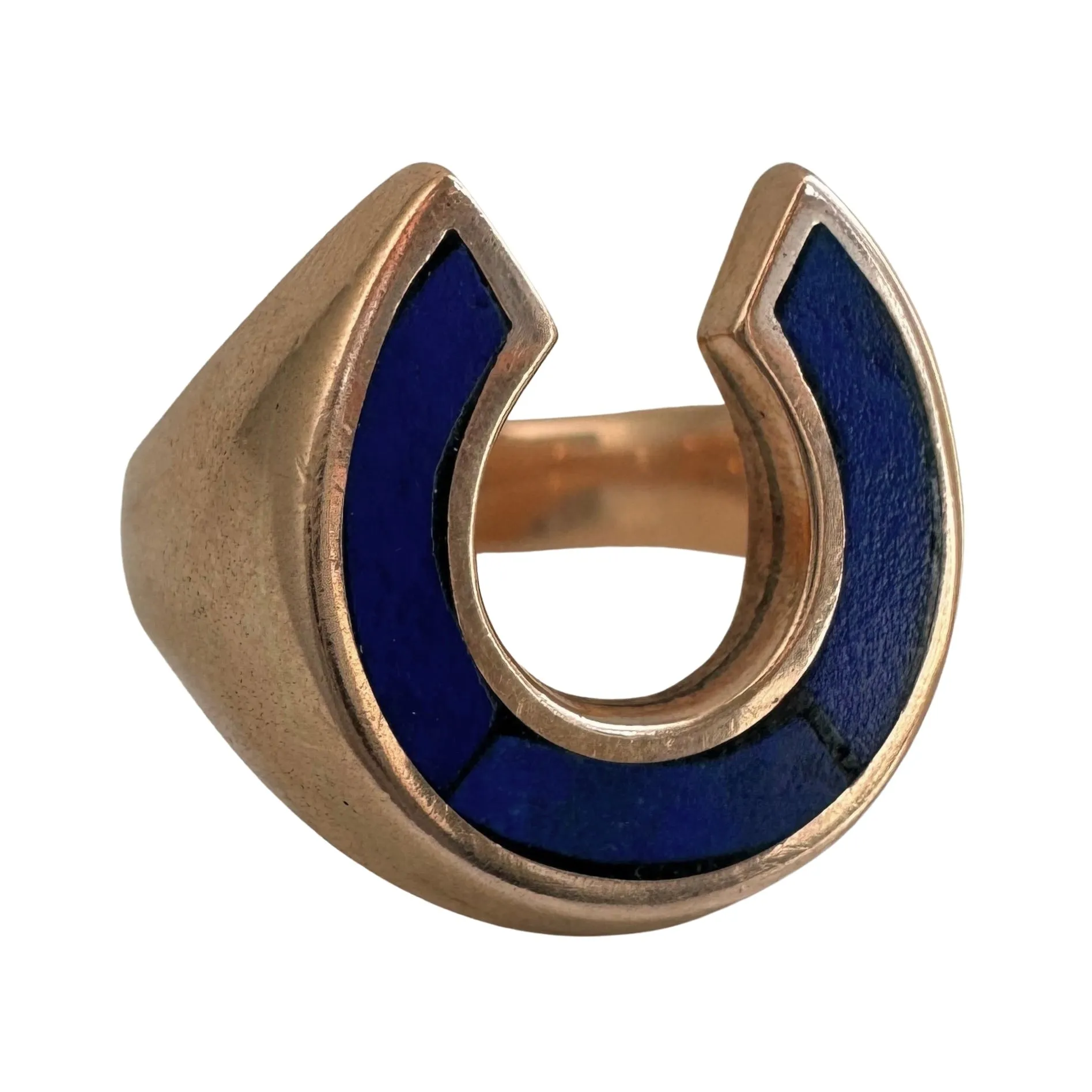 V I N T A G E // significant symbol / 14k rosy yellow gold horseshoe ring with lapis inlay / size 8.25