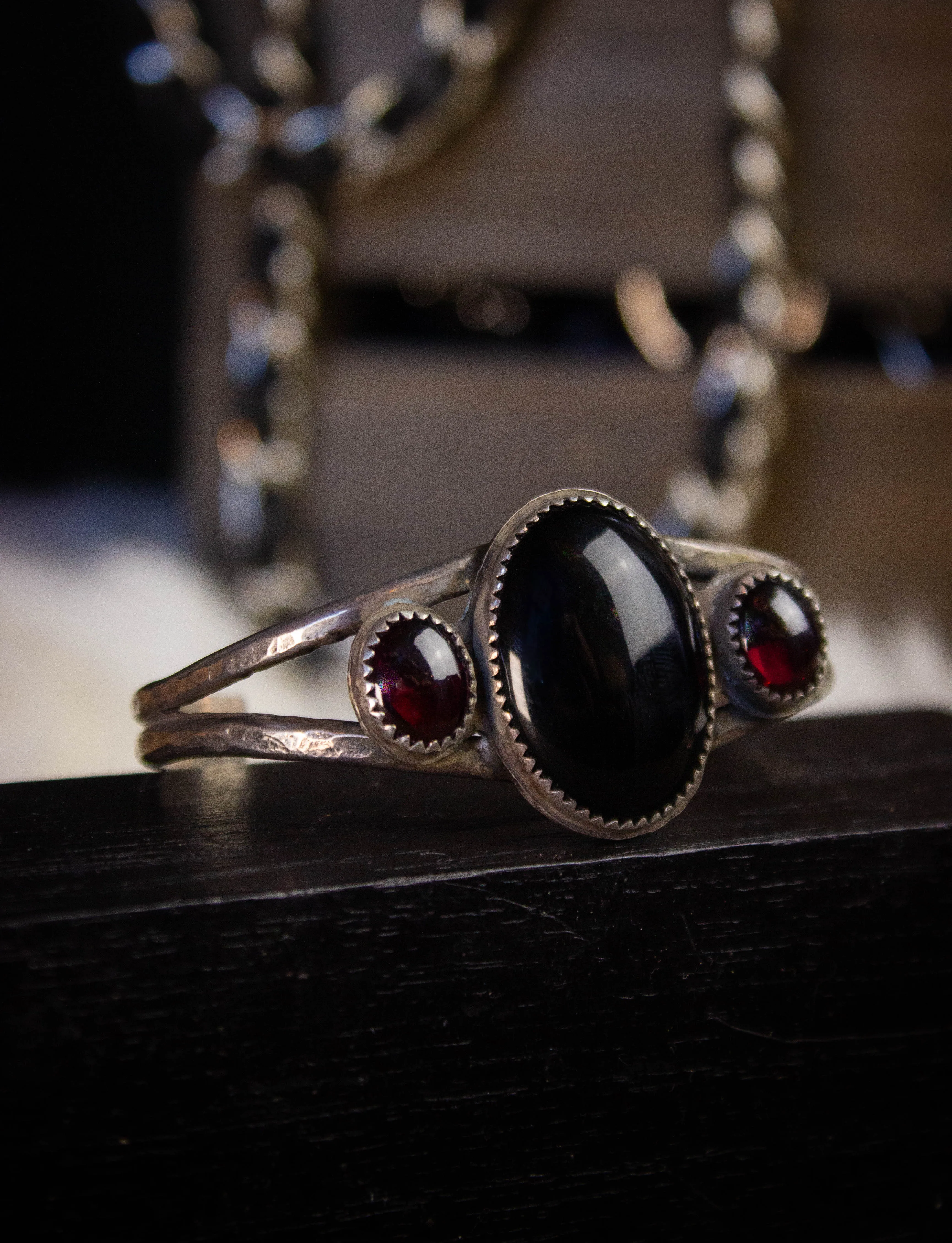 Vintage Onyx and Garnet Sterling Silver Cuff