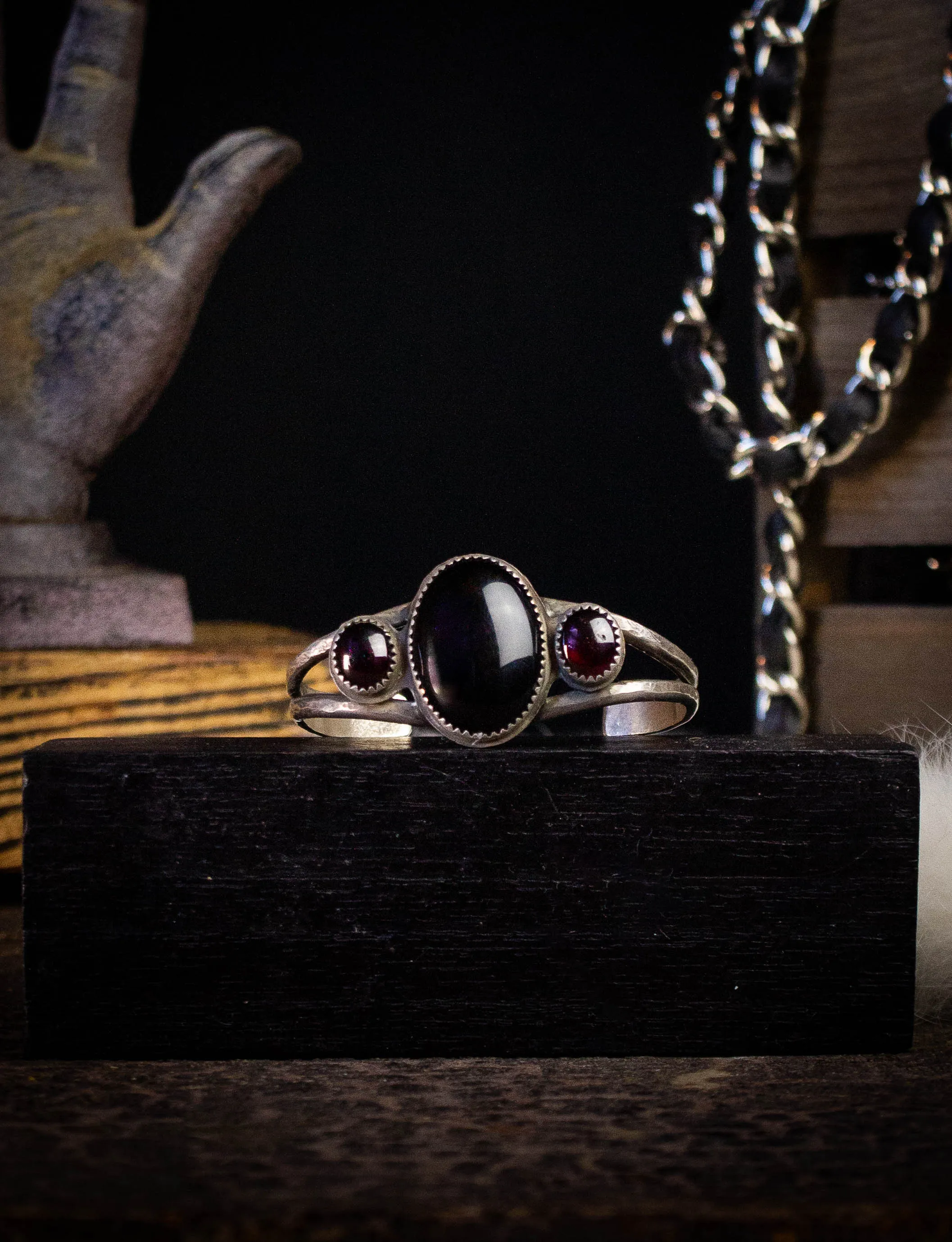 Vintage Onyx and Garnet Sterling Silver Cuff