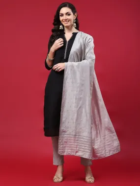 Women Black Solid Kurta Trouser Dupatta