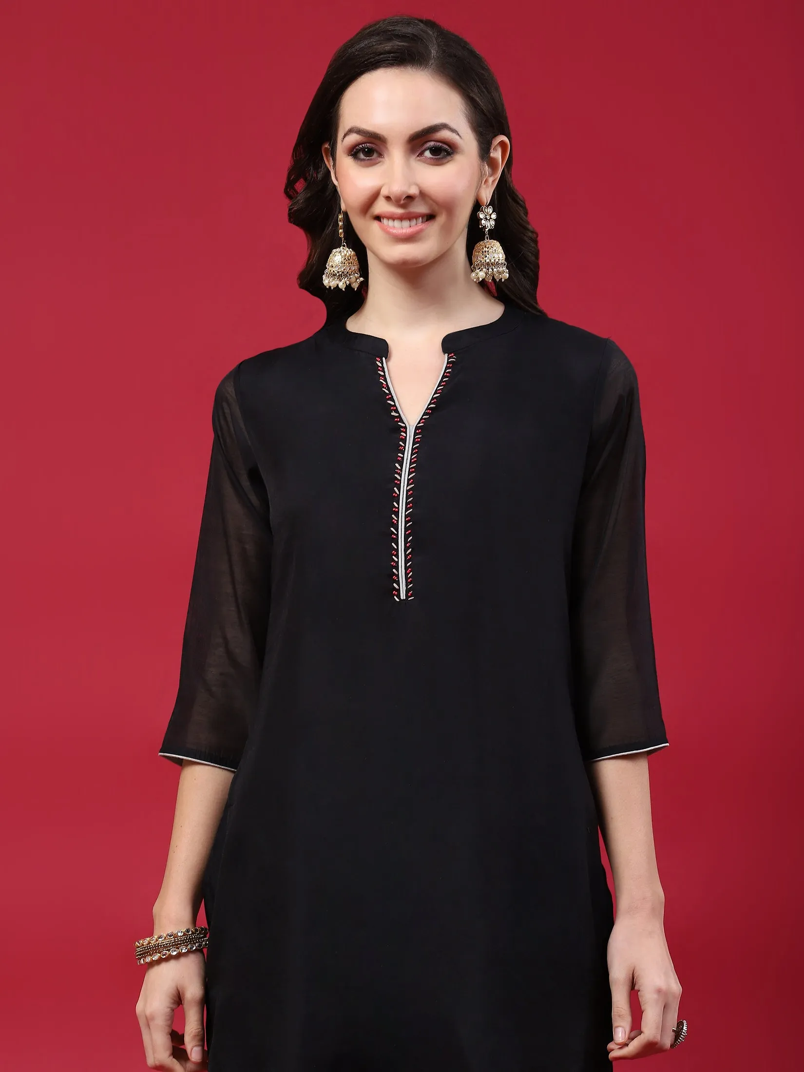 Women Black Solid Kurta Trouser Dupatta