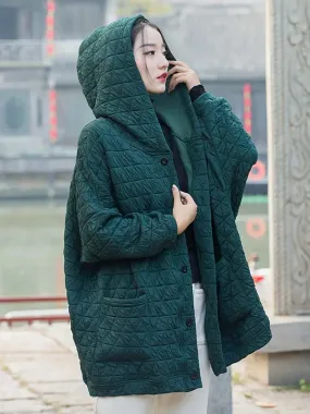 Women Button Pocket Hooded Coat