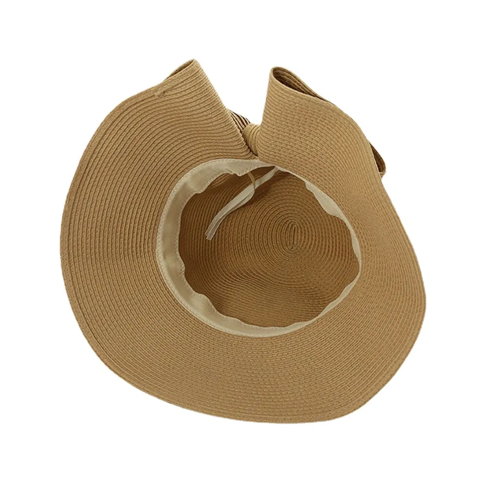 Women Foldable Rear Split Design Bow Straw Hat Adjustable Breathable Summer Casual Wild Sunshade Bucket Hat