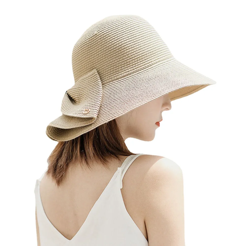 Women Foldable Rear Split Design Bow Straw Hat Adjustable Breathable Summer Casual Wild Sunshade Bucket Hat