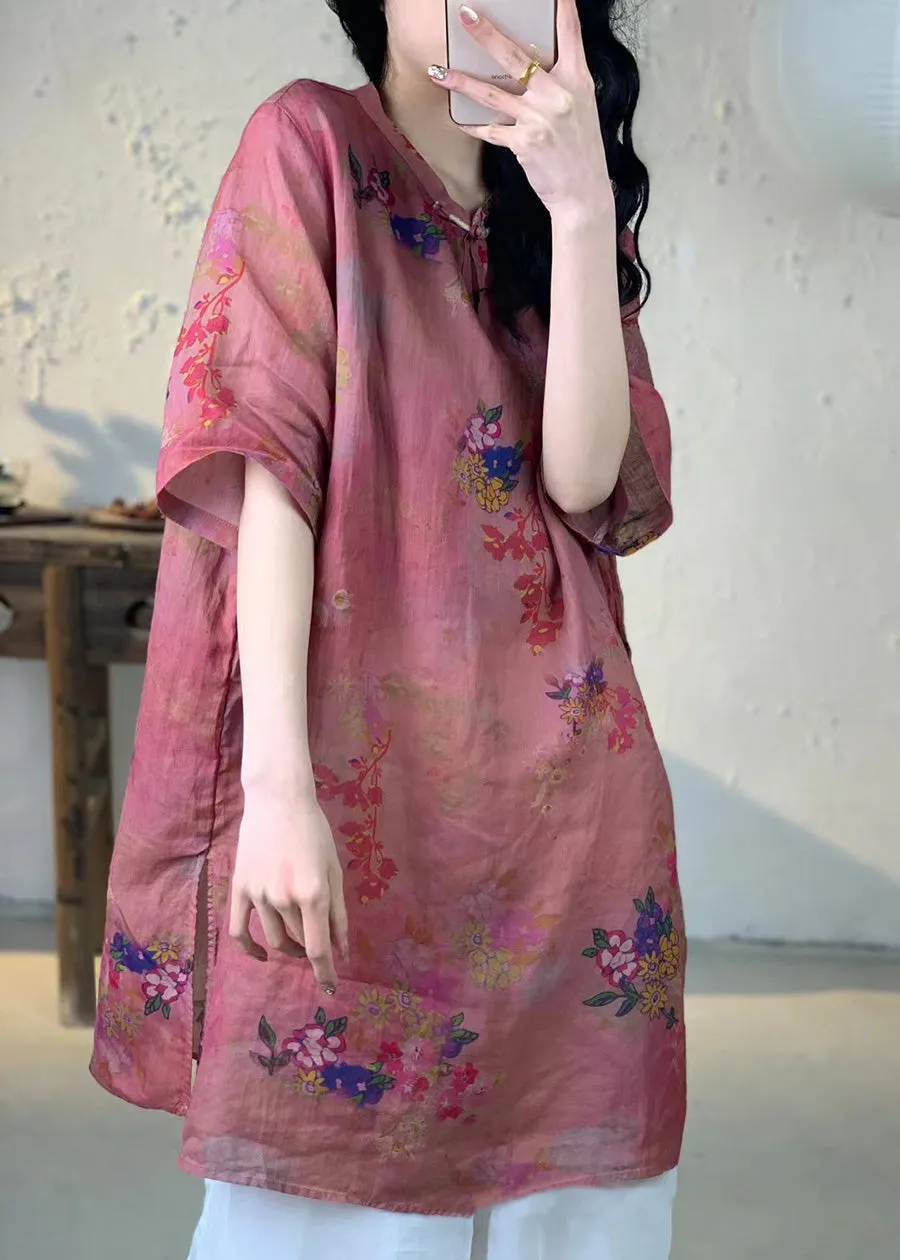 Women Summer Vintage Flower Long Ramie Shirt PA1013