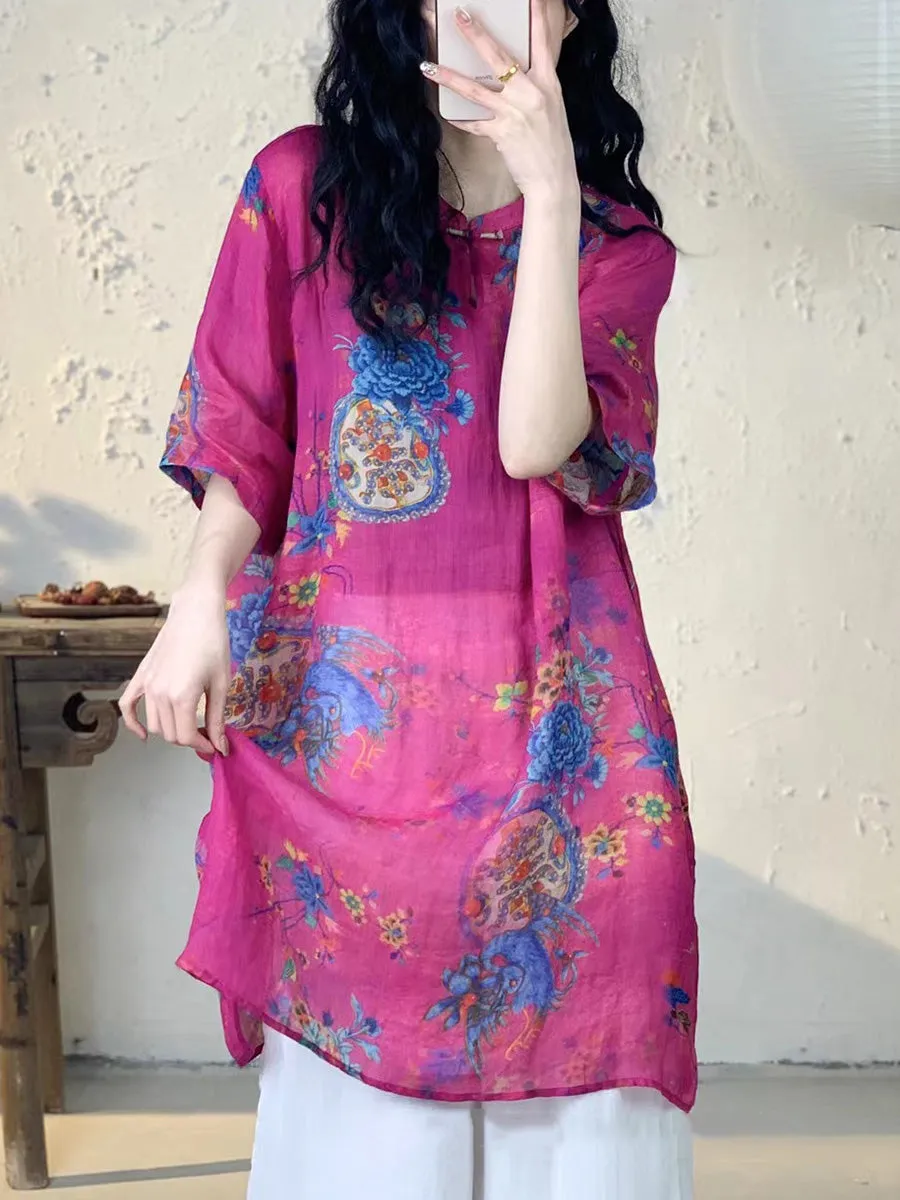 Women Summer Vintage Flower Long Ramie Shirt PA1013