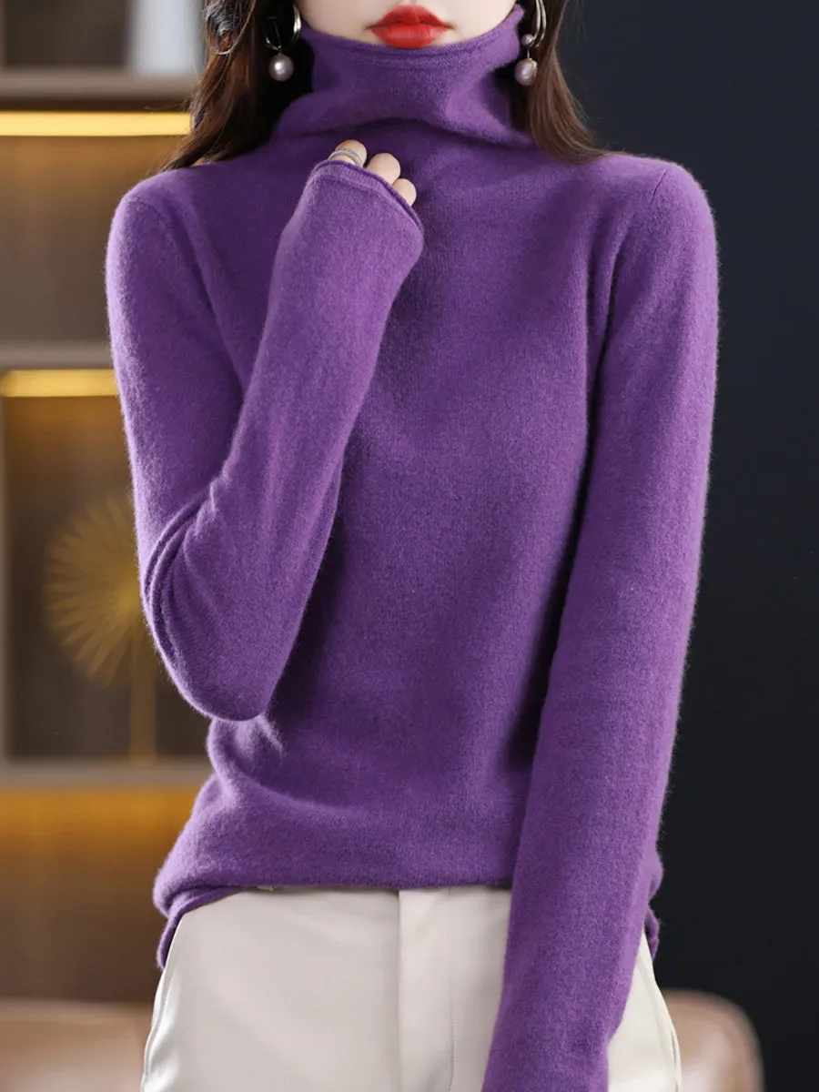 Women Winter 100%Wool Solid Turtleneck Baseshirt