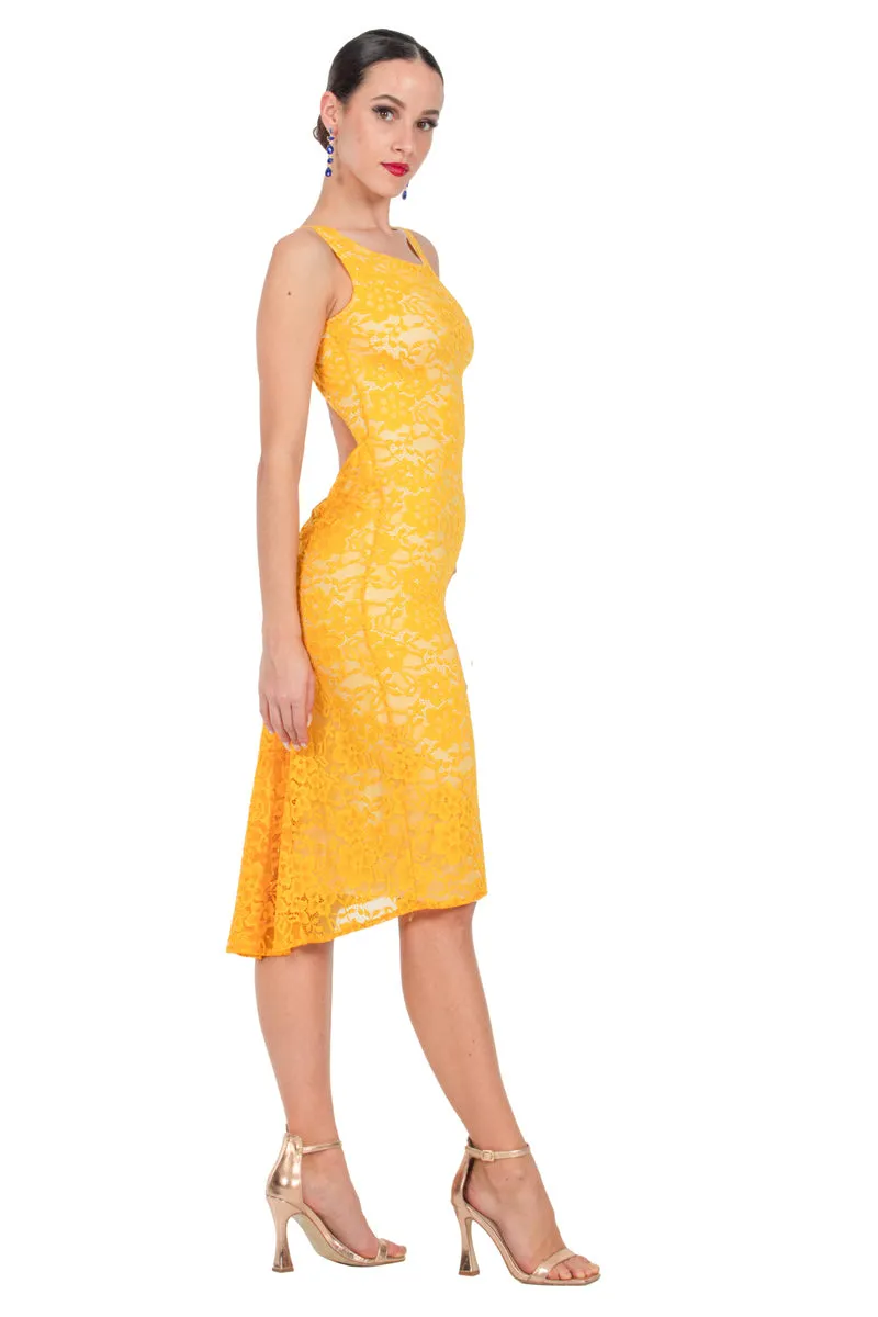 Yellow Lace Keyhole Back Fishtail Dress