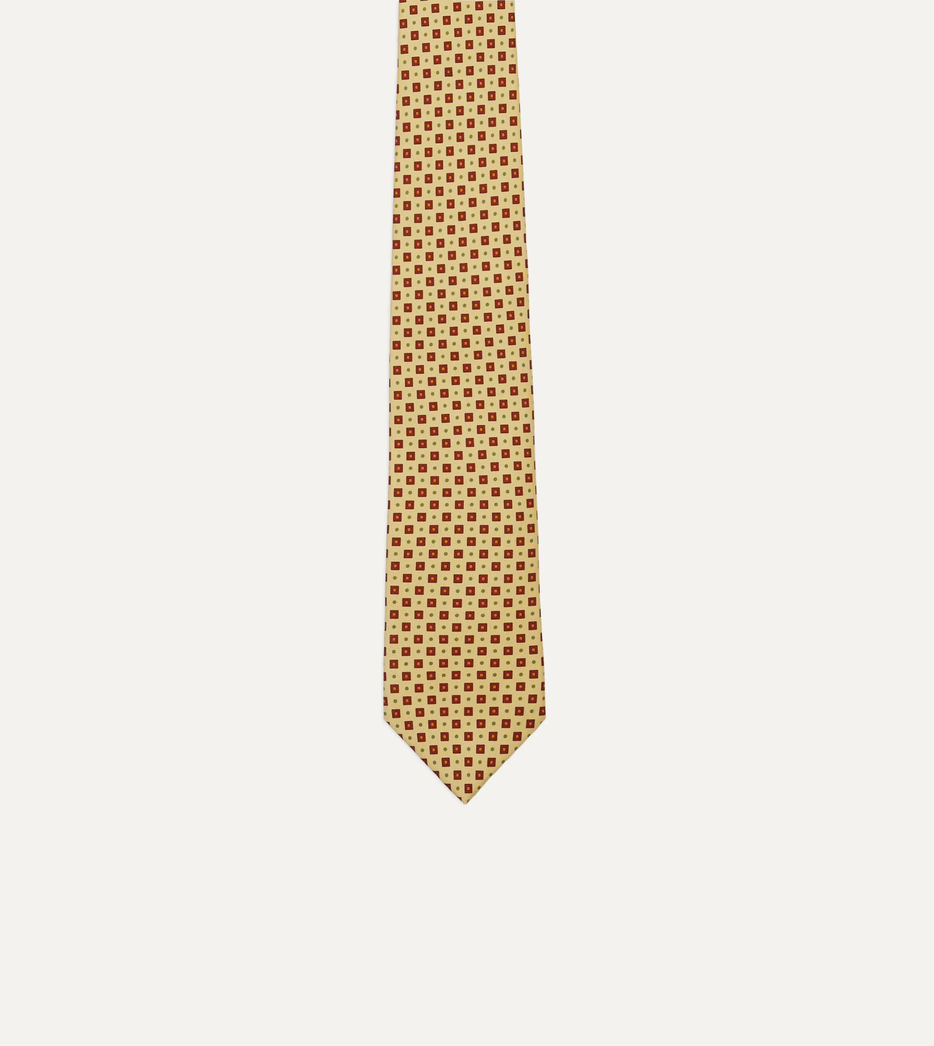 Yellow Square Medallion Print Silk Foulard Self Tipped Tie